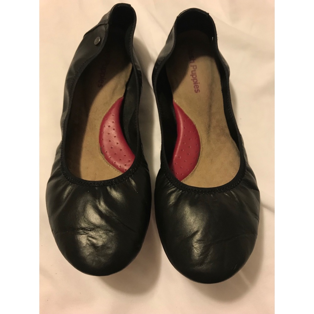 Black Leather Hush Puppies Chaste Ballet Flats